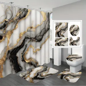 Luxury Gold Marble Print Shower Curtain Set, Background, Includes Non-Slip Mat, U-Shaped Pad, Toilet Seat Cover, Bathroom Decoration Accessories