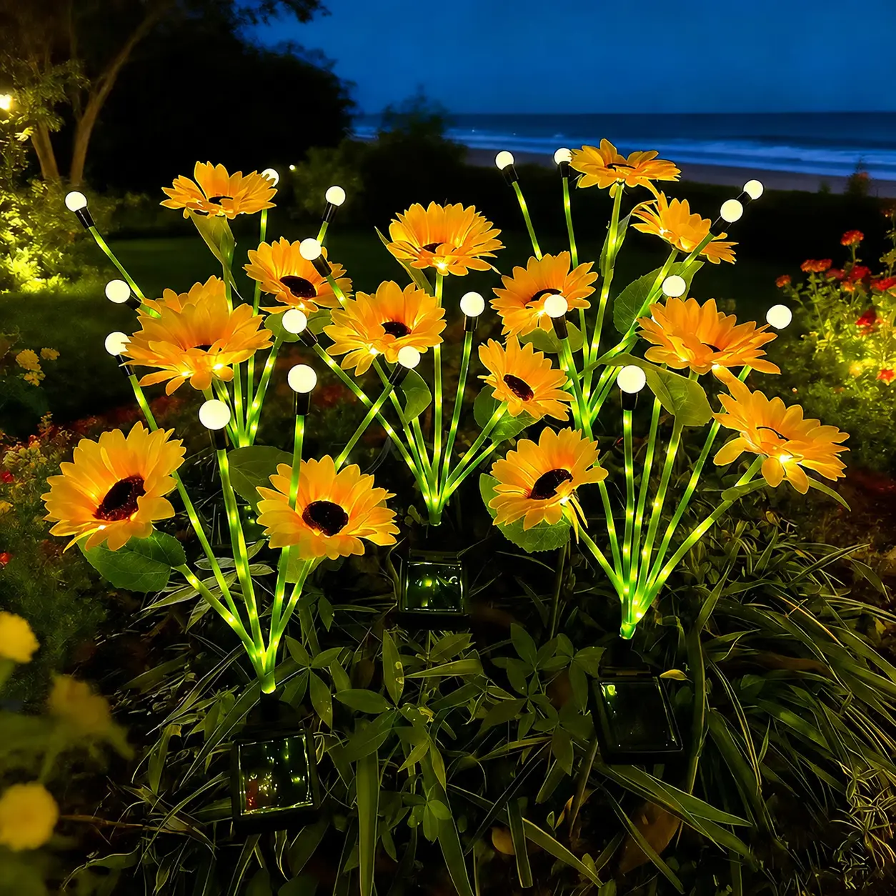 Outdoor Solar Powered Firefly LED Stake Lights - Water Resistant Neon Sunflower Design, 2/4/8 Multiple Packs, Garden Decoration for Patio, Landscape Lighting, Neon Sunflowers#Sohochic