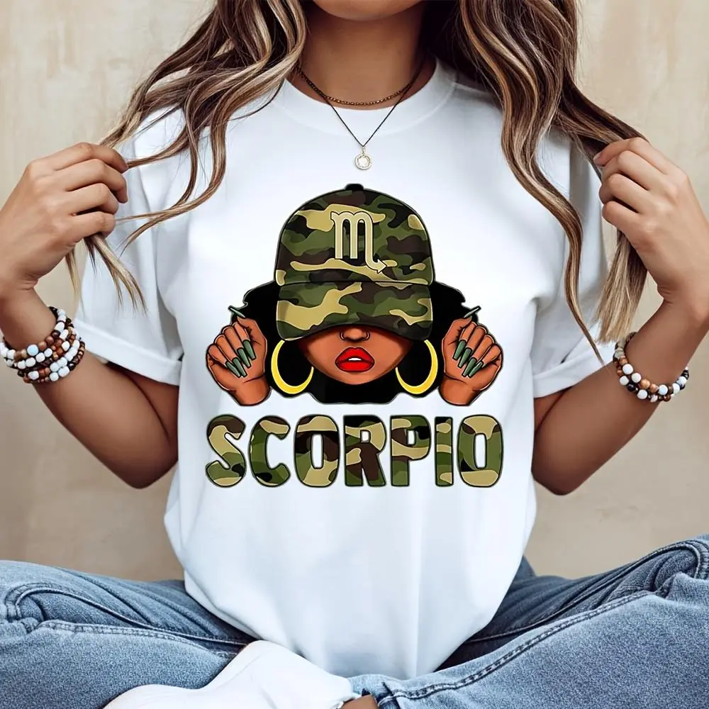 Camouflage Scorpio Zodiac Girl Graphic Print, T-Shirt, Astrology Birthday Gift For Women, Casual Daily Wear Streetwear Top