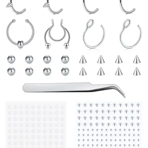 Fake Eyebrow Ring Fake Lip Labret Studs Replacement Balls Spike with 100Pcs Sticker Non-Piercing Nose Rings Hoop Stick on Snake Bites Fake Piercings Body Jewelry Skin Stainless Steel Unique Spike Design