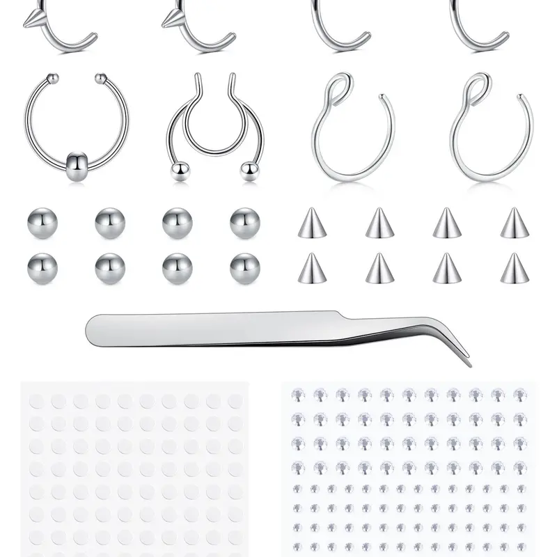 Fake Eyebrow Ring Fake Lip Labret Studs Replacement Balls Spike with 100Pcs Sticker Non-Piercing Nose Rings Hoop Stick on Snake Bites Fake Piercings Body Jewelry Skin Stainless Steel Unique Spike Design