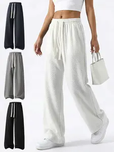 Womens Waffle Knit Wide Leg Sweatpants, High Waist Drawstring Baggy Pants, Casual Loose Flowy Trousers for Lounge, Yoga, Shopping, All Season