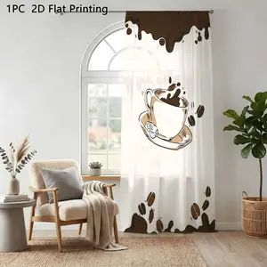 1pc Coffee Theme Sheer Curtain, Window Curtain, Hand-Painted Coffee Cup Pattern, Modern Nordic Style, Semi-Transparent Privacy Curtain for Living Room, Kitchen, Cafe