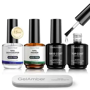 4Pcs 15ml Nail Primer and Dehydrator with Gel Base and Top Coat Set, Nail File, Acid-Free Glossy Durable Long-Lasting Finish Home DIY Nail Salon Nail Prep Kit Gift