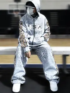 Men's Casual Sportswear Set, Leopard Print Sleeves with Back Pattern & Dragon Pocket Design, Street Style