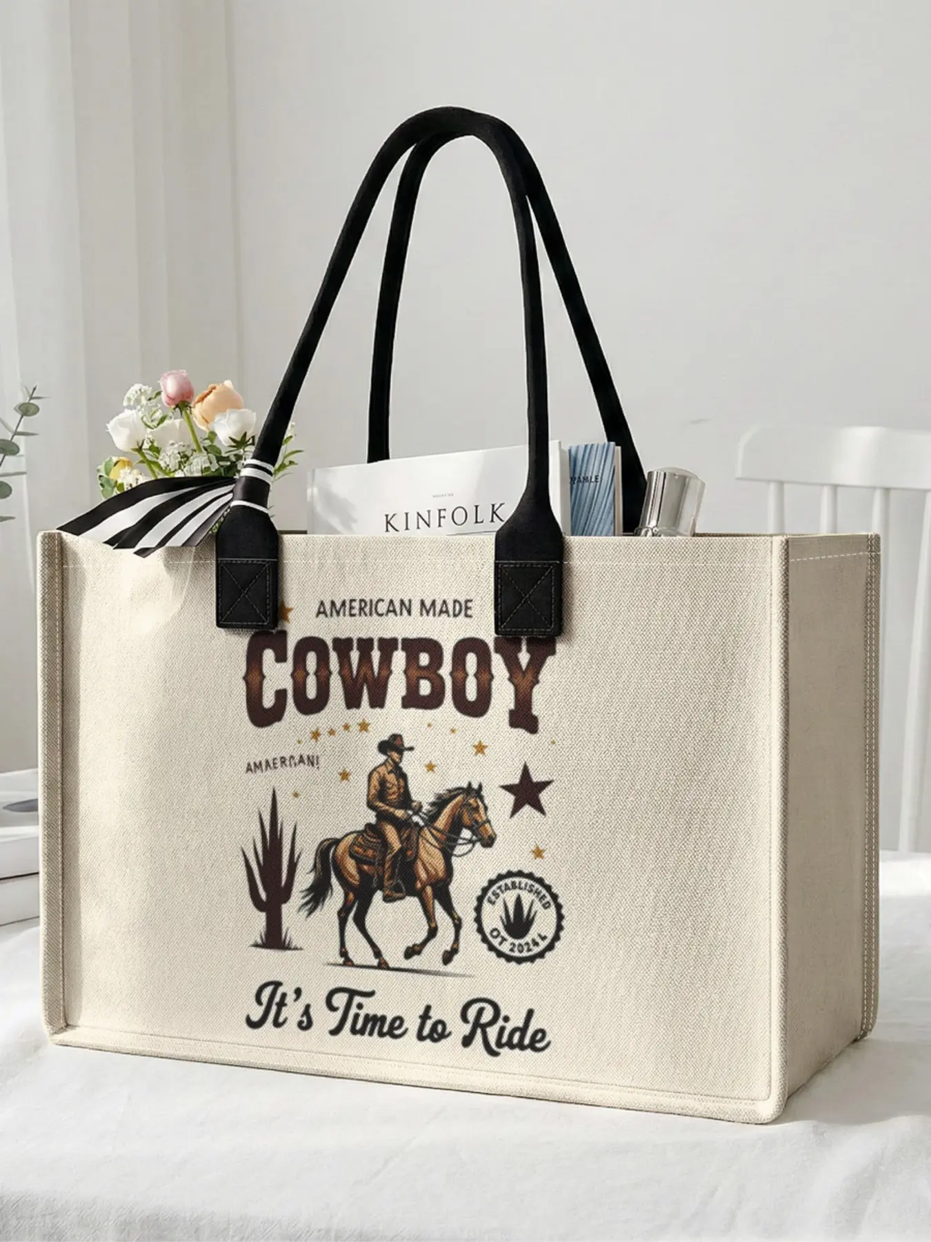 1 piece of denim + It's Time to Ride 2D printed large-capacity storage bag, extra-large storage bag, sturdy handle, space-saving multi-purpose, suitable for use at school, on business trips, and shopping, Commuter Tote Bag