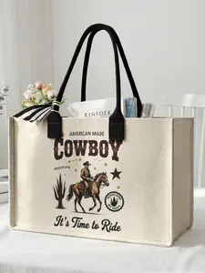 1 piece of denim + It's Time to Ride 2D printed large-capacity storage bag, extra-large storage bag, sturdy handle, space-saving multi-purpose, suitable for use at school, on business trips, and shopping, Commuter Tote Bag