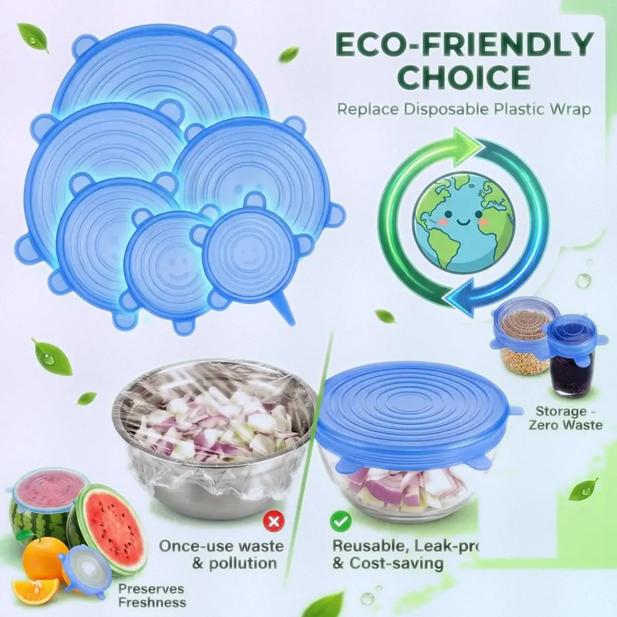 Reusable Stretchable Silicone Food Lids, 6 or 12 Pack Universal Airtight Bowl and Container Covers, 6 Sizes, BPA-Free, Leak-Resistant, Dishwasher Safe