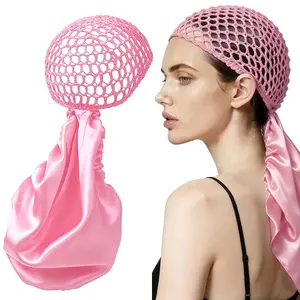 Non-Detachable Satin Hair Wrap & Net Duo – Adjustable Band for Silk Press, Curls & Braids, Reversible Satin & Handmade Netting
