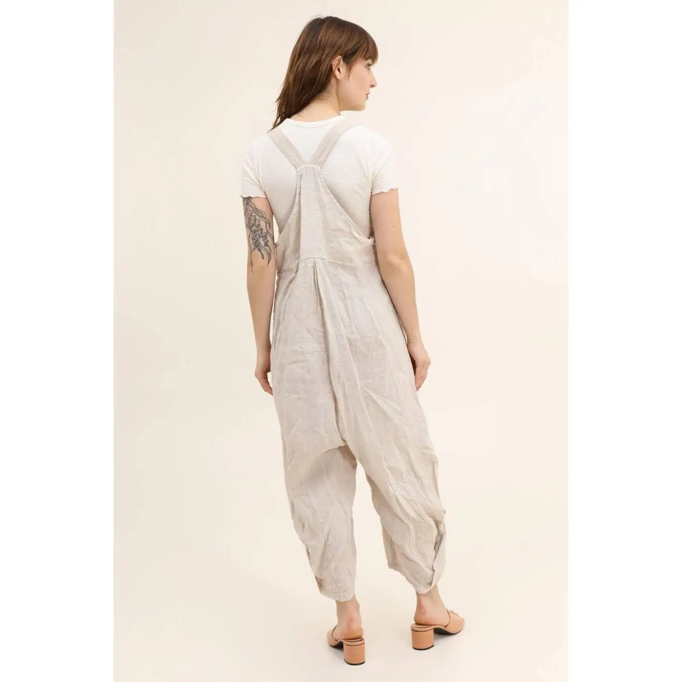 Women's 100% Linen Short-Sleeve Minimalist Jumpsuit - Linen Fabric, Ecological Benefits, Ethical Sourcing, Good-Fit Basic Overalls, Beige, US Sizes, Casual Wear, Eco-Wash Safe, Cold Wash, 1 Size