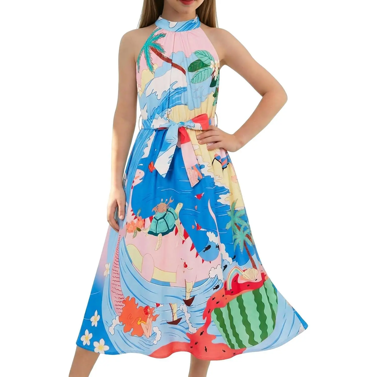 Haloumoning Girls Halter Neck Summer Dress Kids Hawaiian Floral Print  Sleeveless Belted Casual Dresses 5-14Y - TikTok Shop
