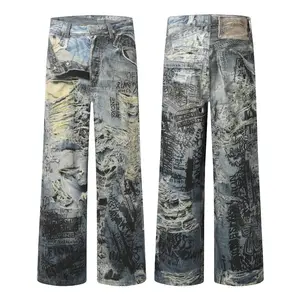 Unique Hand-Painted Graffiti High-Waisted Women's Jeans |Viral Streetwear | Stretch Denim | Custom Art Design Casual Comfort Straight Leg Pants Fabric Womenswear flared jeans