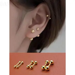 DAN QI 3 Pairs Stainless Steel Bean Earrings For Men, Simple 18K Gold Plated Ball Stud Earrings For Boys 3/4/5mm Set