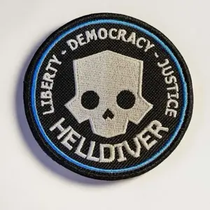 Helldiver Skull Patch Liberty Democracy Justice 3.5" Iron On Sew On Hook Bull Head Embroidery Geometric Design for Gamers Sci-Fi Fans