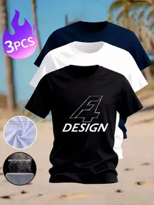 3 Pcs Men's  Letter Print Crew Neck T-Shirts, Breathable Quick Dry Casual Short Sleeve Tees, Soft Daily Wear Tops for Men, Multi-Color Options