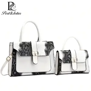 Port&Lotus Light Luxury 2-Piece Crocodile Embossed Handbag Set for Women, Medium Capacity Versatile Satchel with Detachable Shoulder Straps