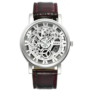 OIDEA Men's Skeleton Roman Numeral Dial Quartz Wristwatch, Vintage Leather Band with Open Heart Look - Mens Gifts, Boyfriend Gifts Ideas, Antique-Inspired, Masculine, Number-Based Quartz Watches,summerwins
