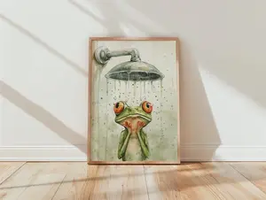 [No Frame] Whimsical Frog Shower Art Print, Green Orange Eyes, Funny Bathroom Decor