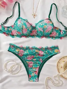 2pc Sexy Green Floral Lingerie Set, Romantic Countryside Style Bra Set