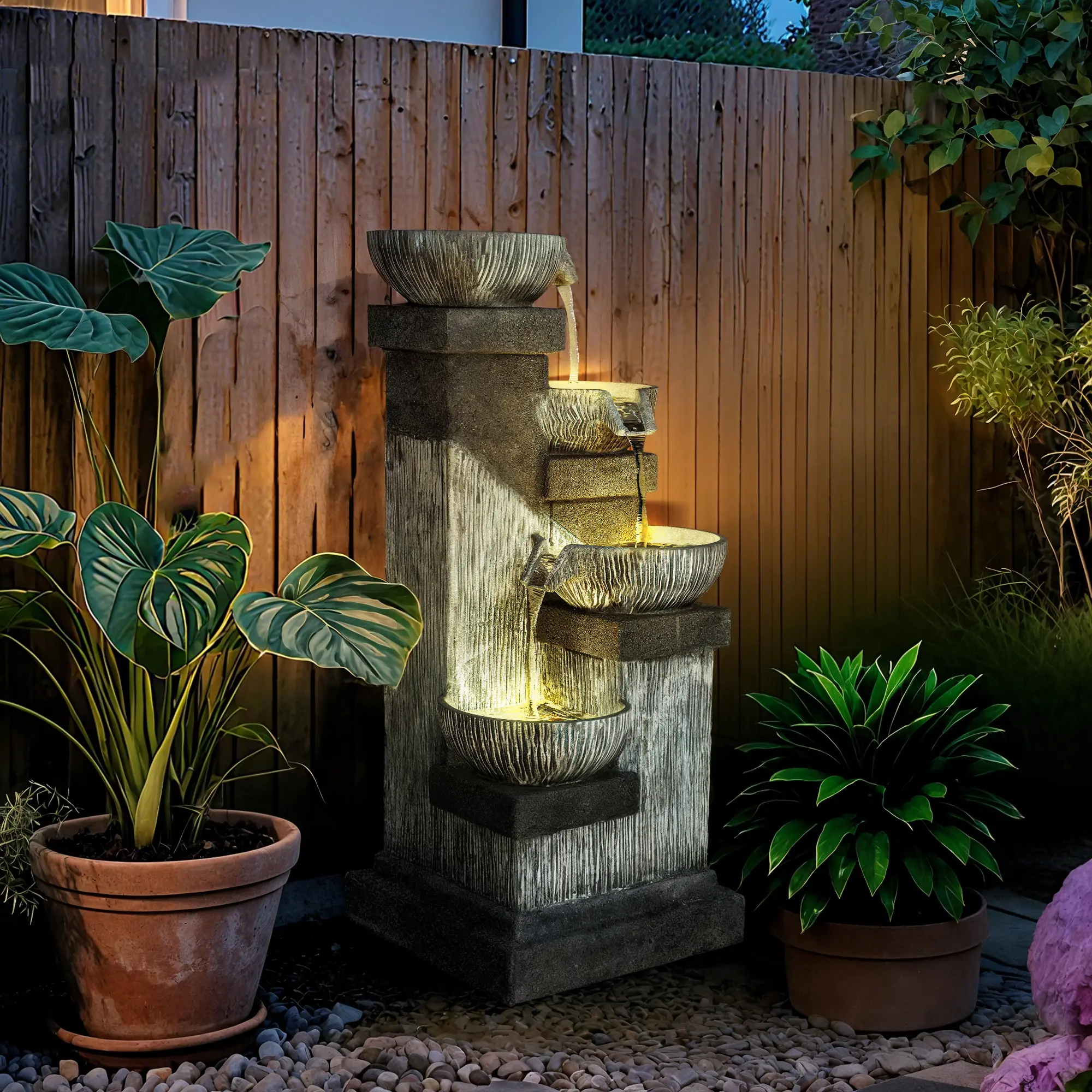 33.5" 4-Tier Resin Cascading Bowls Outdoor Waterfall Fountain with LED Lights Adjustable Water Flow for Garden Ambiance Natural Beauty in Every Detail