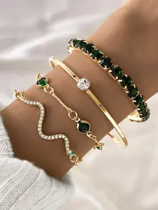 Emerald Diamond Inlaid Snake Bangles 4 Piece Set, Elegant Women's Fashion Jewelry for All Seasons, Casual Chic Accessories, Trendy Jewelry