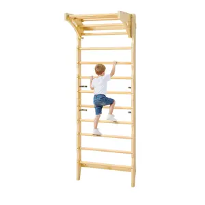 VEVOR Swedish Ladder Wall Gym,  2-in-1 10-Level Indoor Jungle Gym, 220LBS Loading Solid Wood Gymnastic Stall Bars for Kids & Adults, Indoor Playground Climbing Playset with Pull-Up Bar, Wall Ladder