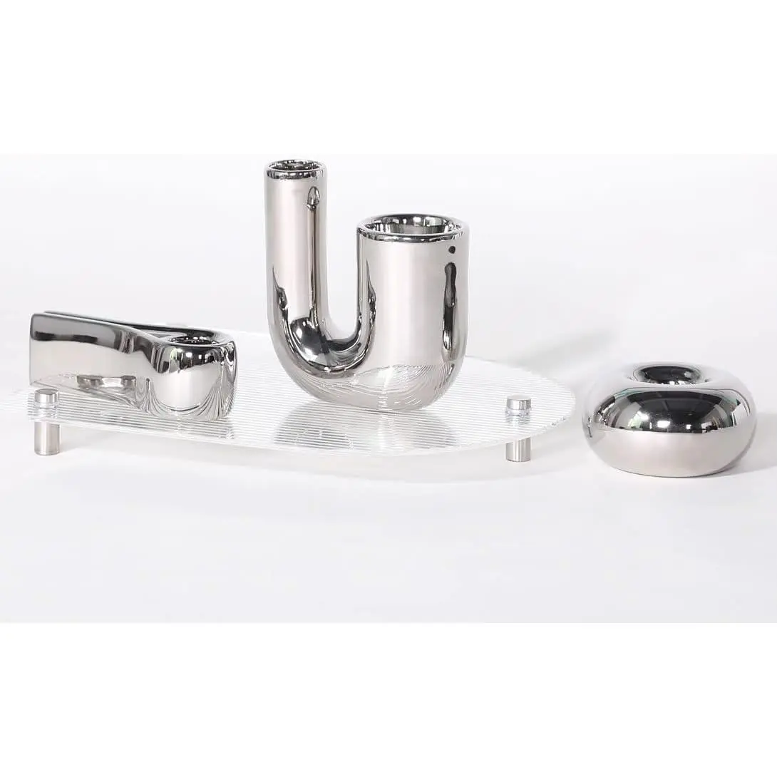 ITrixgan Silver Candlestick Holders Set - Decorative Taper Candle Holder for Table Centerpiece Fireplace - Modern Aesthetic Ceramic Candle Stick Holder with Protective Pads - U Shape, Round Shape, 3 Pieces
