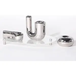 ITrixgan Silver Candlestick Holders Set - Decorative Taper Candle Holder for Table Centerpiece Fireplace - Modern Aesthetic Ceramic Candle Stick Holder with Protective Pads - U Shape, Round Shape, 3 Pieces