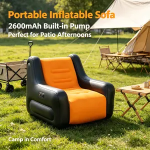 Indoor Outdoor Plush Inflatable Sofa, Automatic Inflation with 2600mAh Battery Pump, One-Click Deflate, Foldable Armrests for Home Rest Camping and Road Trips