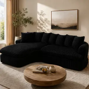 ARCH 127'' Large Sectional Sofa L-Shape Left Chaise with Curved Design, 4-Seat Corduroy Couch, High-Resilience Foam Cushions, Flared Arms, Cushion Back, No Assembly Required, Black, for Living Room, 4 Seat/Beige/Black/Brown Color Options