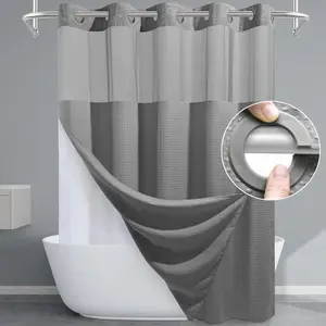 Grey Waffle Weave Shower Curtain and Liner Set - 230GSM Textured Heavy Duty Hotel Luxury Weighted Bath Curtain, 71W x 74H