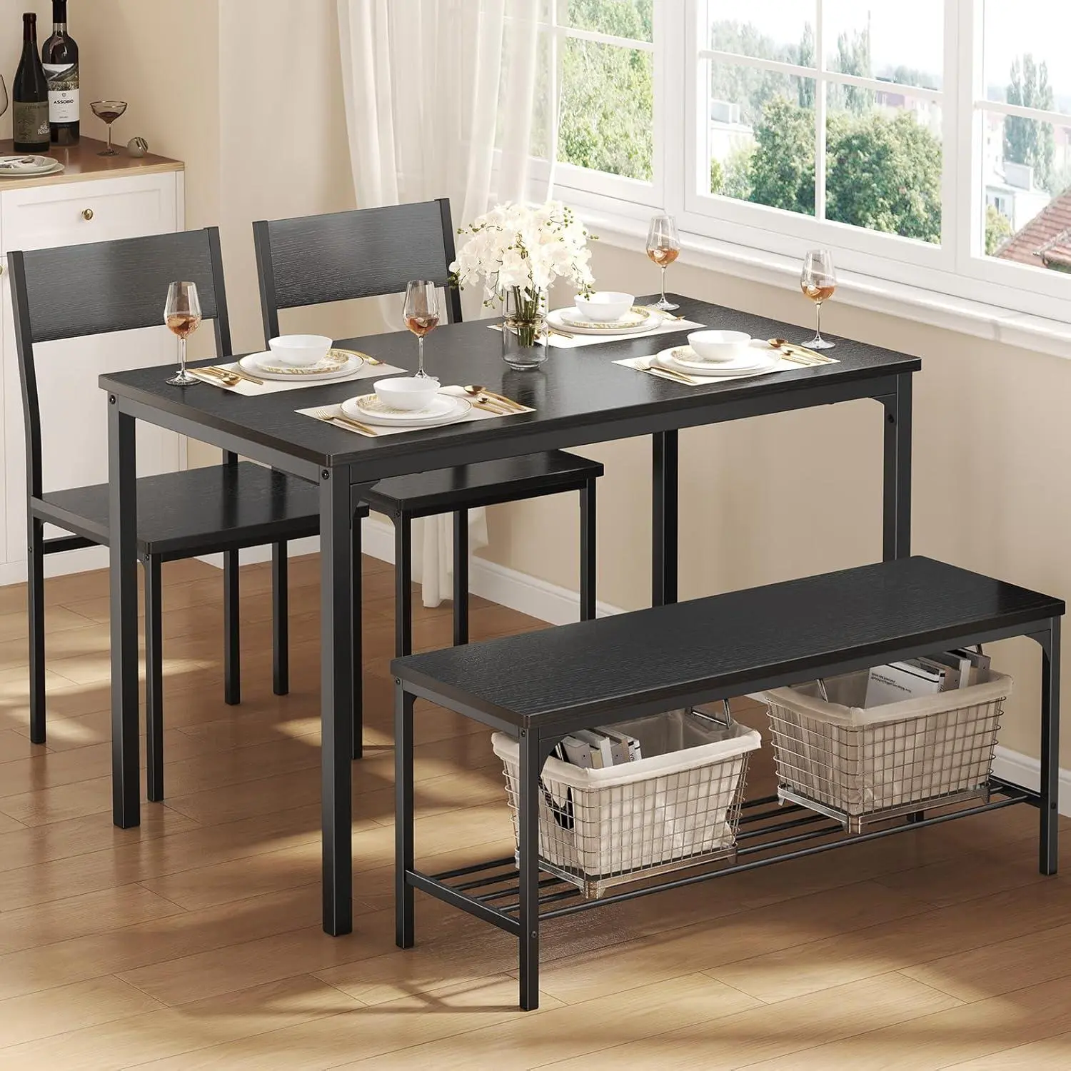 Dining Table Set for 4, Kitchen Table with Bench, Space Saving Dining Set for Indoor & Outdoor, 3-Piece (3 Benches + 1 Table) / 4-Piece (2 Chairs + 1 Bench + 1 Table), Apartment Dining Room