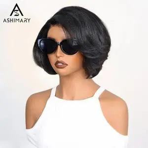 [New Arrival] Yaki Straight Layered Wig 6x4.5 Lace Closure Short Pixie Cut Wig for Black Women Silk Press Human Hair Bob Wig#Summervibes