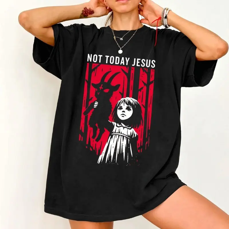 Comfort Colors Not Today Jesus Shirt, Gothic Baphomet Goat Graphic T-Shirt, Dark Alternative Unisex Tee, Vintage Horror Style Shirt, Spooky Gothic Gift, Christian Apparel, Gift For Her, Graphic Tee, Women's T-shirt