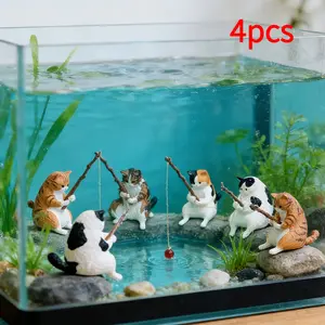 Four or five-piece mini fishing cat statue, aquarium landscaping decoration, fish tank aquatic environment micro-landscape.