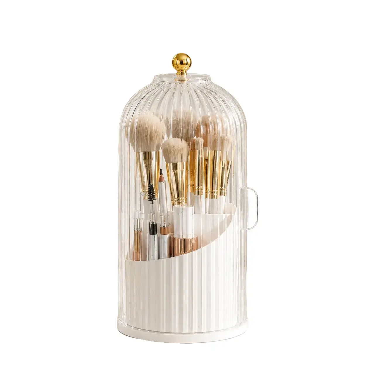 Clear Makeup Brush Organizer with Cover, 3-Slot Dustproof Cosmetic Storage Holder, 360 Swivel Vanity Countertop Organizer for Brushes and Beauty Tools