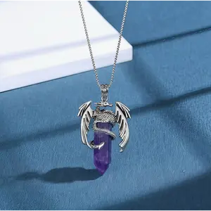 Dragon Necklace - Hexagonal Crystal Wrapped Silver Pendant with Natural Crystal - Cool Jewelry for Men and Women