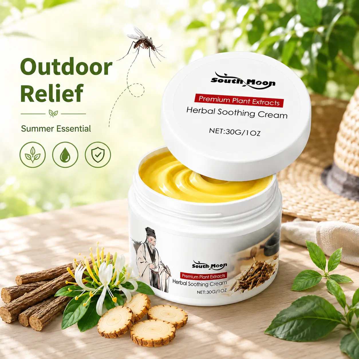 Herbal soothing cream for mosquito bites, suitable for itchy skin; cooling plant extract ointment for mosquito bite care; daily skin comfort cream, suitable for hands, arms, legs, and body.