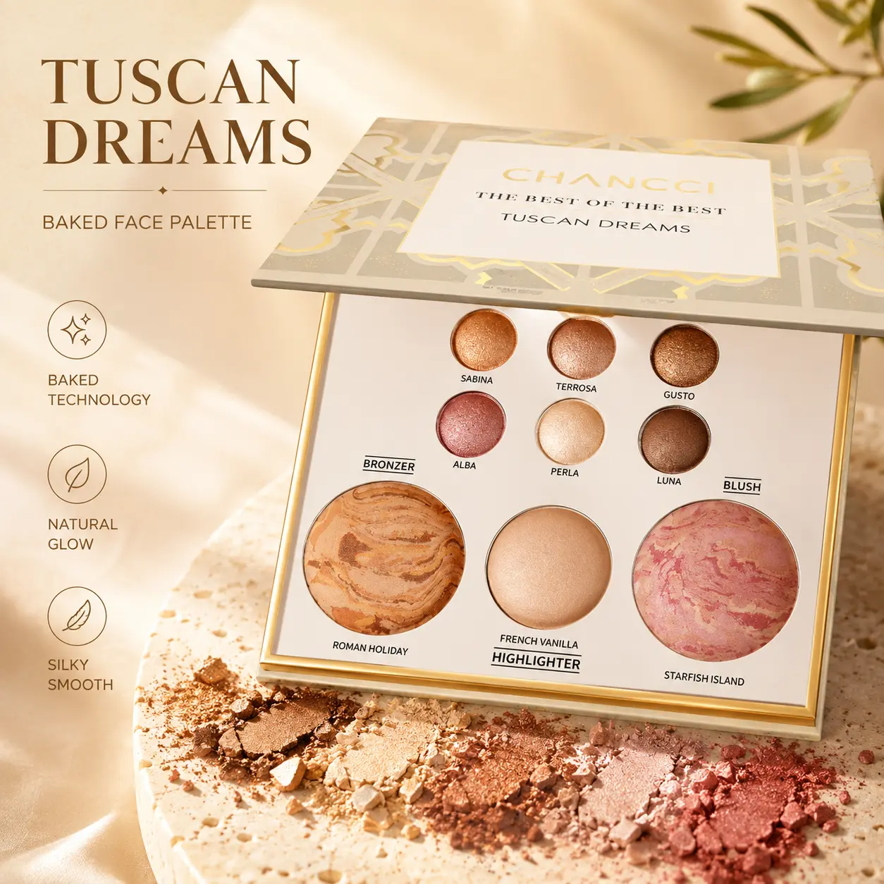 Tuscan Dreams Compact Cosmetic Palette - Pansexual Flag Themed, 6 Eyeshadows, Bronzer, Blush, Highlighter, Mirror for Everyday Makeup