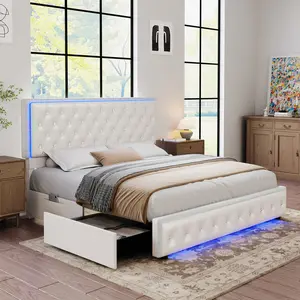 Queen LED Bed Frame with 2 Storage Drawers, Upholstered Platform Bed with Crystal Button Tufted Headboard, Noise-Free, No Box Spring Needed – PU & Velvet, Black/Gray/White/Cream