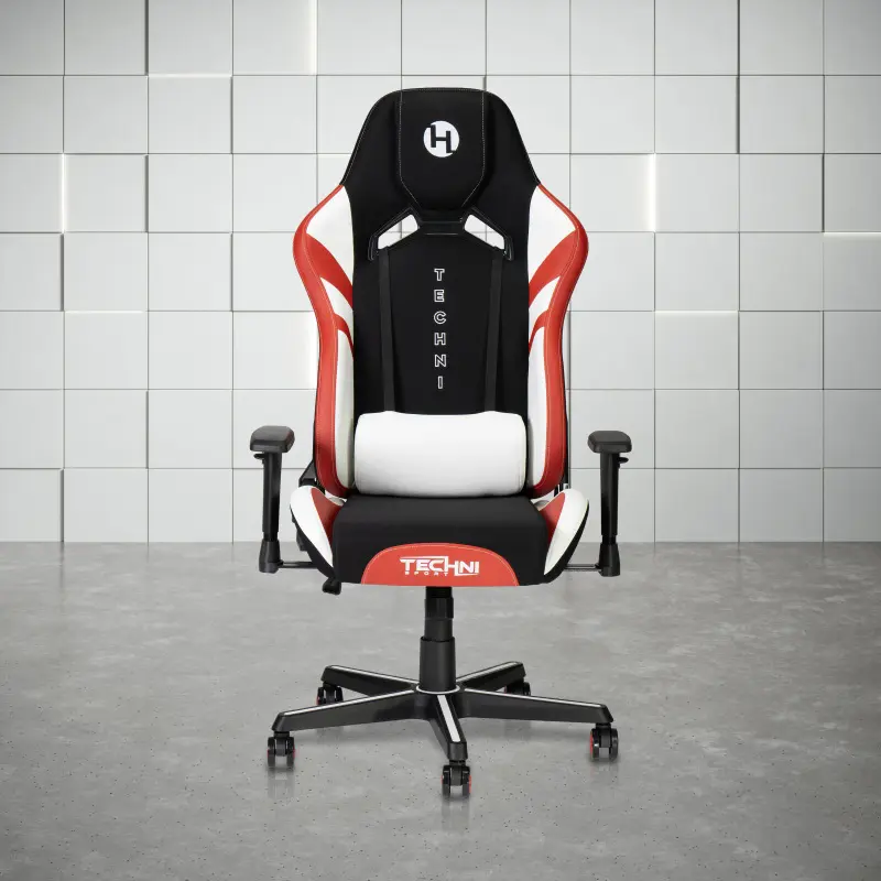 Bellemave Techni Sport TSF72 Echo Computer Gaming Chair - Red & White Stain-Resistant Fabric, Pneumatic Height Adjustment, Tilt Tension Control, Molded Foam Seat & Back, Modern Indoor Armchair