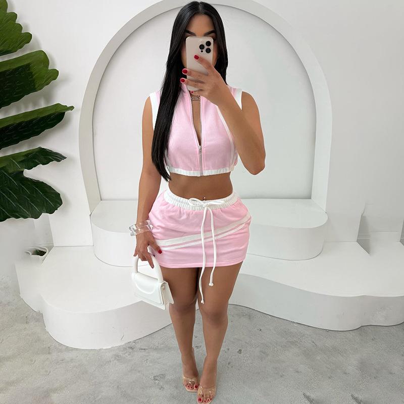 Women's Sexy Cropped Zip Top Slim-Fit Hip-Wrapped Short Dress Suit Women Clothes Womenswear Sleeveless Casual Memphis Short Suit for Women vest Gamis Black