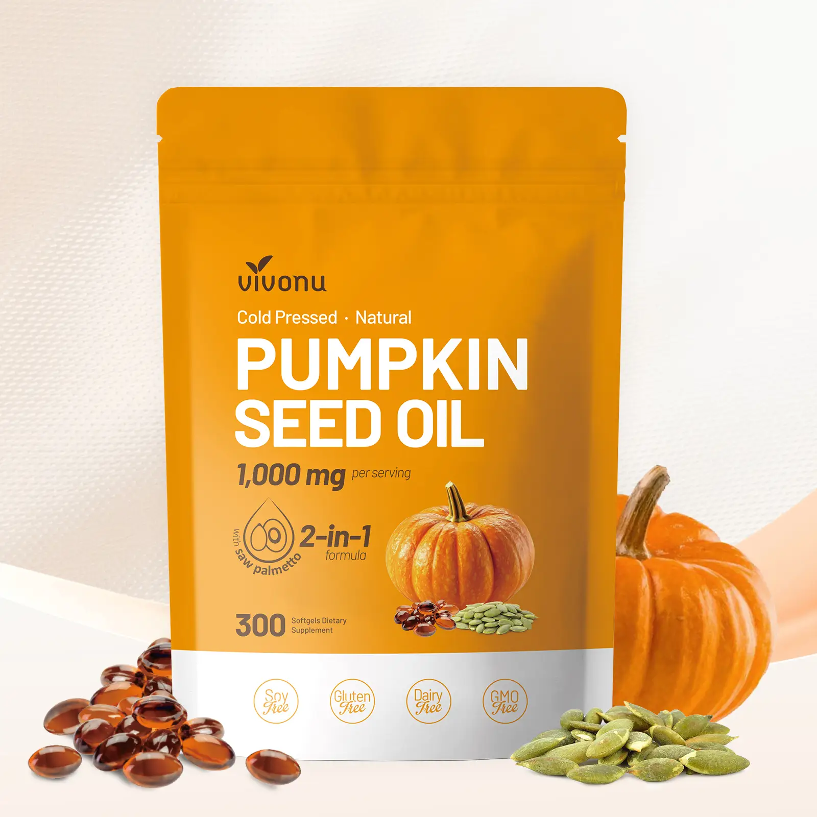 VivoNu Natural pumpkin seed oil and saw palmetto softgel 1000mg high content plant esters 300 capsules