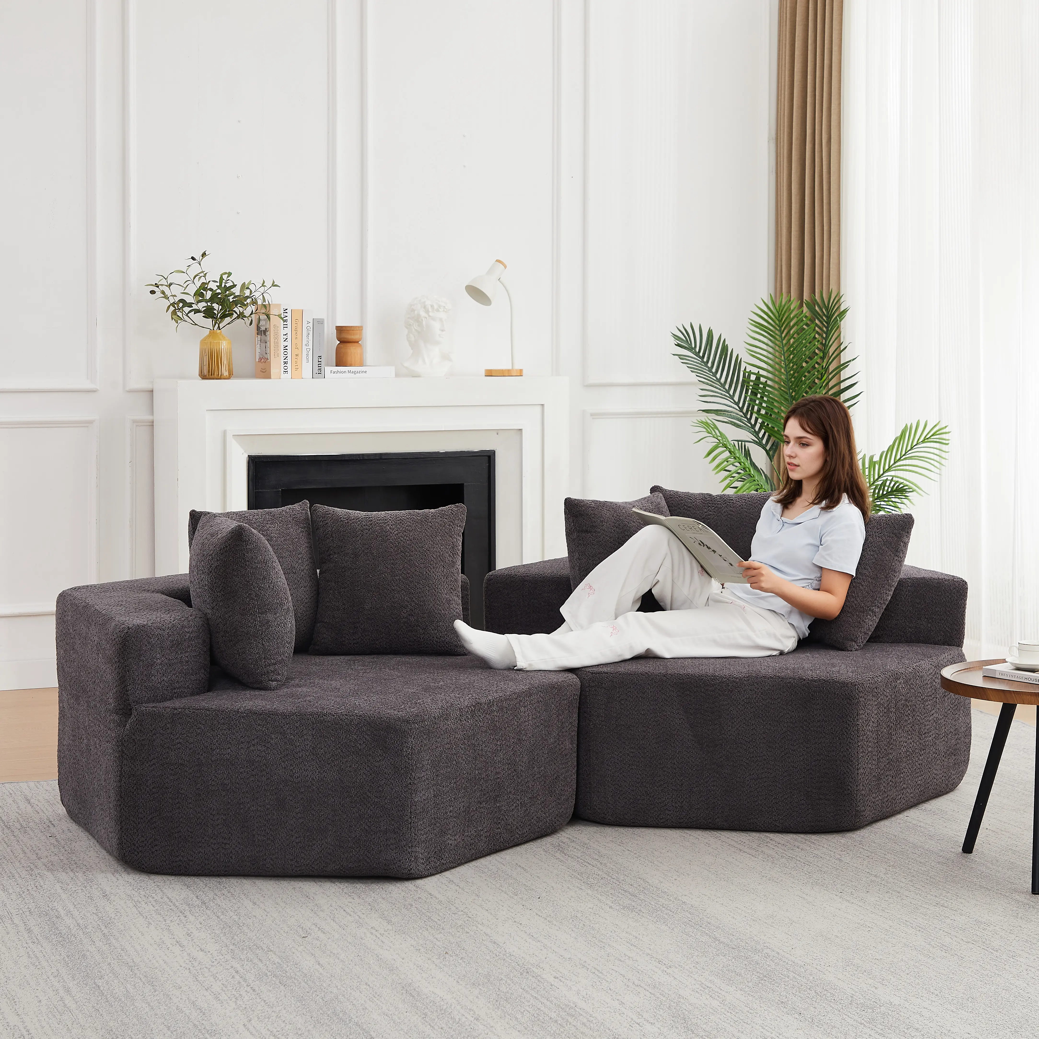 54-in Armless Hexagonal Modular Indoor Tub Chair, 1-Piece/2-Piece Set Option, Soft Looped Chenille Fabric, Spring & Foam Filled, Non-Slip Bottom, 3 Pillows, No-Assembly Compressed, 54×13×13 inches, 47.30 lbs, Ideal for Living Rooms