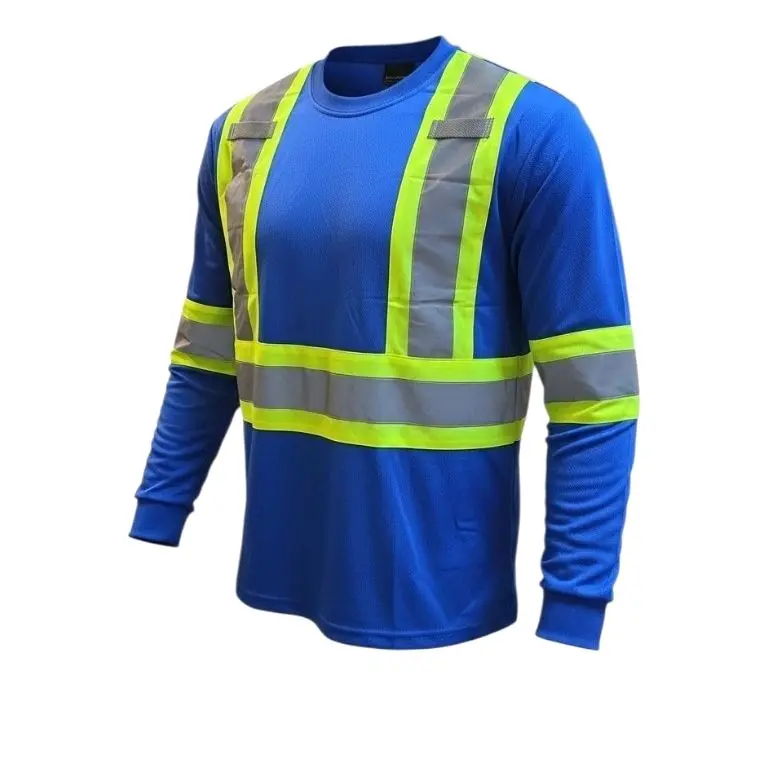 Long Sleeve Crew Neck High Visibility Reflective Work Shirt - Protective Safety Equipment, Work Safety Gear, Reflective Tape, Visibility Boost, Durable Breathable Functional Fabric, Front Pocket, Blue/Black Outdoor Construction Wear