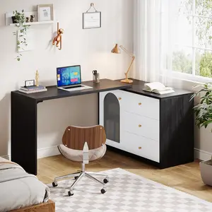 LITTLE TREE L Shaped Computer Desk with Drawers, Modern Corner Home Office Desk with Reversible Storage Cabinet, Long Study Writing Desk Workstation for Home Office