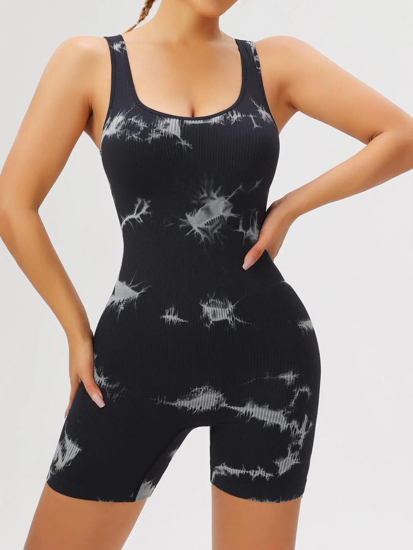 Women's Tie Dye Print Backless Sports Tank Tummy Control Romper, Casual Sporty Scoop Neck Sleeveless Bodycon Romper for Yoga Gym Workout, Workout Gym