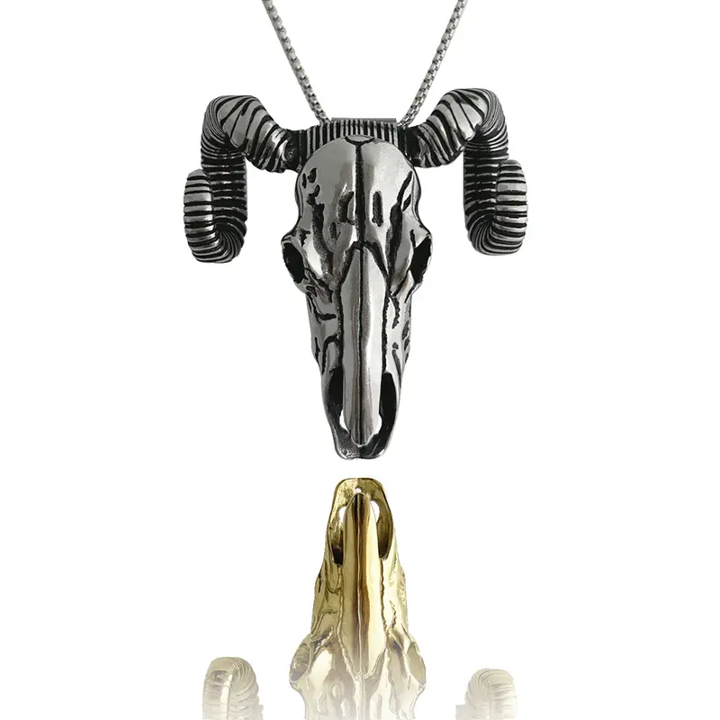 Curly Horns Skull Argali Sheep Pendant Golden and Silver Necklace Buckle with Detachable Horns - Western Style Accessories