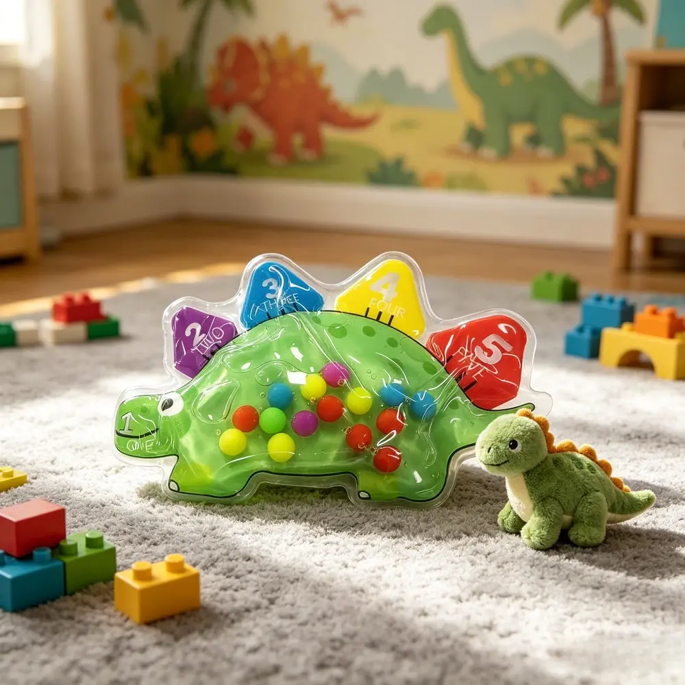 Dinosaur Shape Liquid Water Bead Squishy Fidget Toy, Number Cognition Sensory Squeeze Toy, Colorful Sealed Moving Bead Anxiety Relief Decompression Play Toy, Montessori Learning Quiet Travel Gift for Toddlers Kids Age 3+