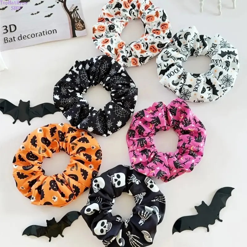 Women's 6Pcs PVC Graphic Dark Gothic Punk Headbands - Soft Elastic Hair Bands with Pumpkin, Spider Web, Castle, Skeleton, Bat, Ghost Prints for Cosplay, Parties, Halloween, One Size